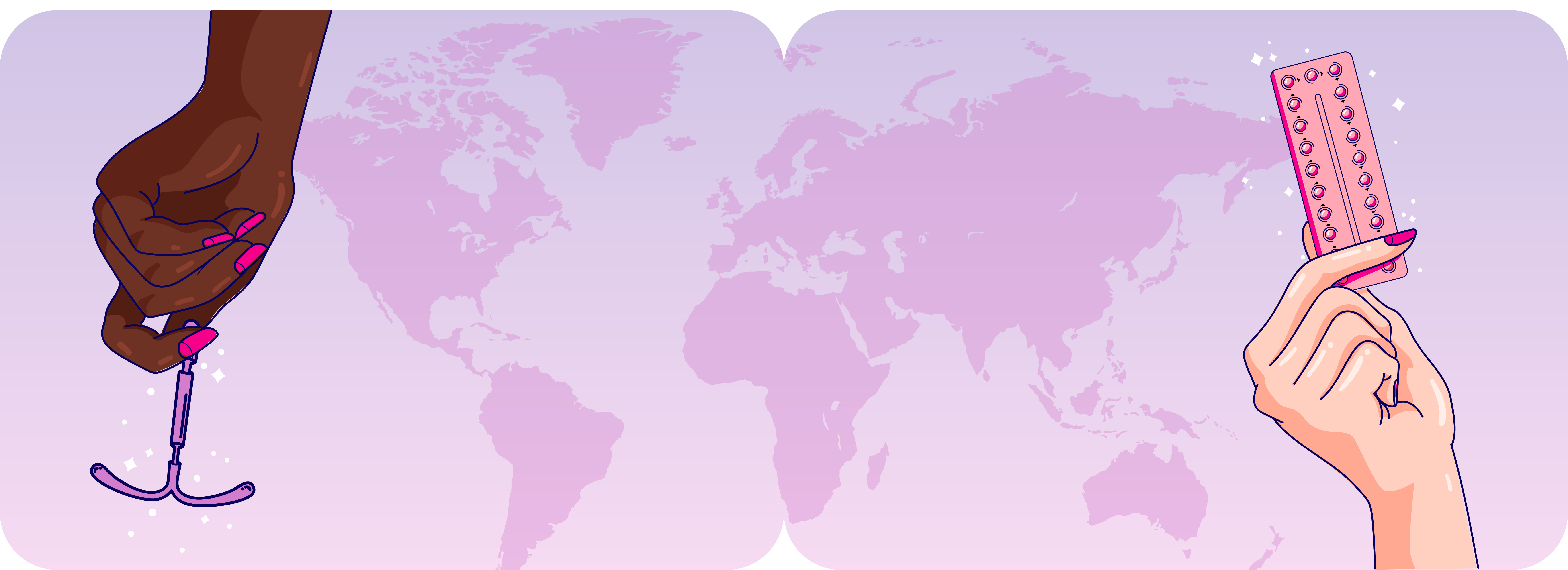 Map of the world with women's hands holding contraceptives
