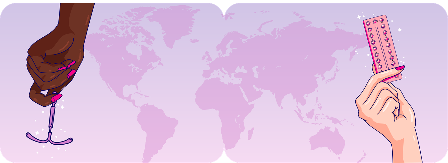 Map of the world with women's hands holding contraceptives